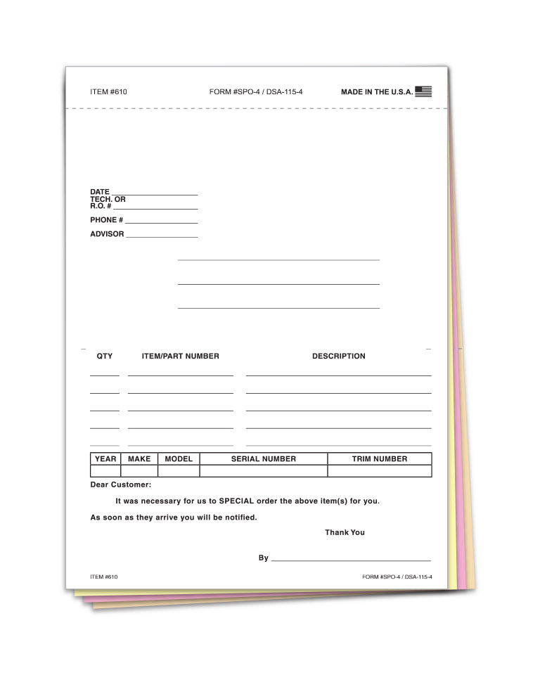 Special Parts Order Form - SPO-4 - Qty. 100