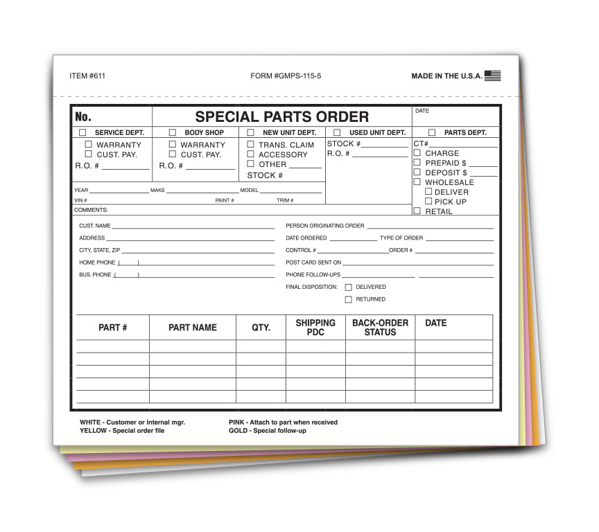 Special Parts Order Form - SPO-GMPS-115-5 - Qty. 100