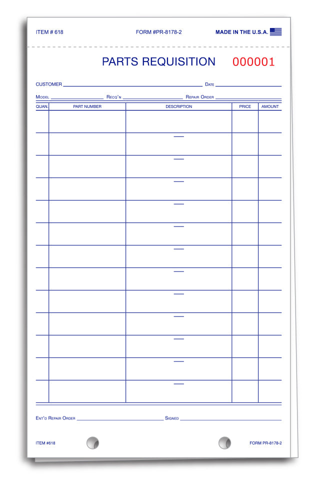 Parts Requisition Form - #PR-8178-2 - Qty. 250