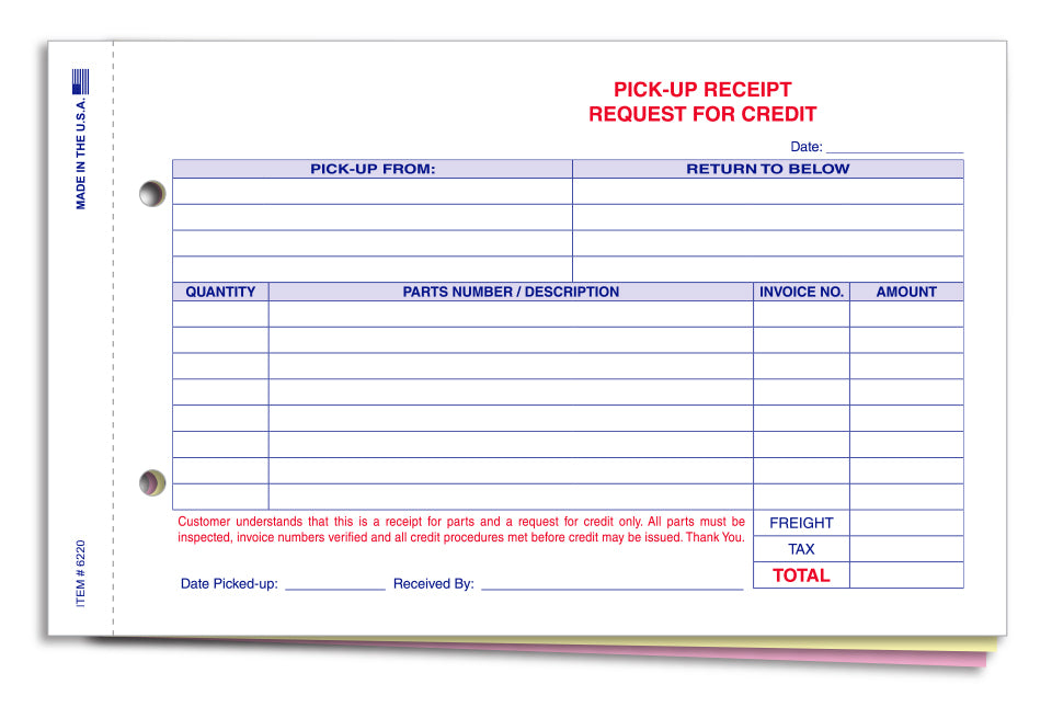 Parts Pick Up Receipt - Qty. 100