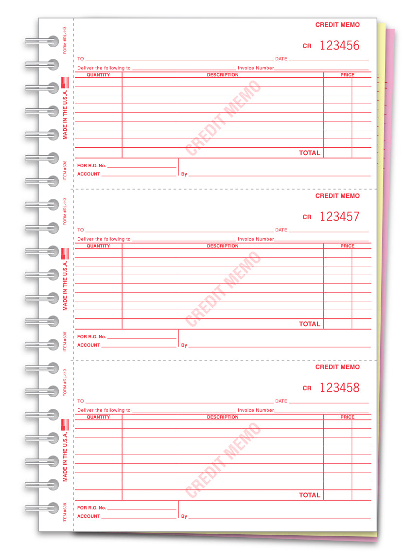 Credit Memo Book - RL 113 - 3 Part, 150 per Book - Qty. 1