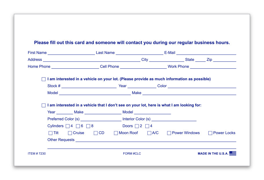 Customer Lead Cards - CLC - 5.5" x 8.5" - Qty. 100
