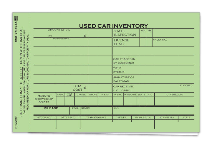 Used Car Inventory Card - 2 Part - 6-5/8" x 4-1/4" - Qty. 100