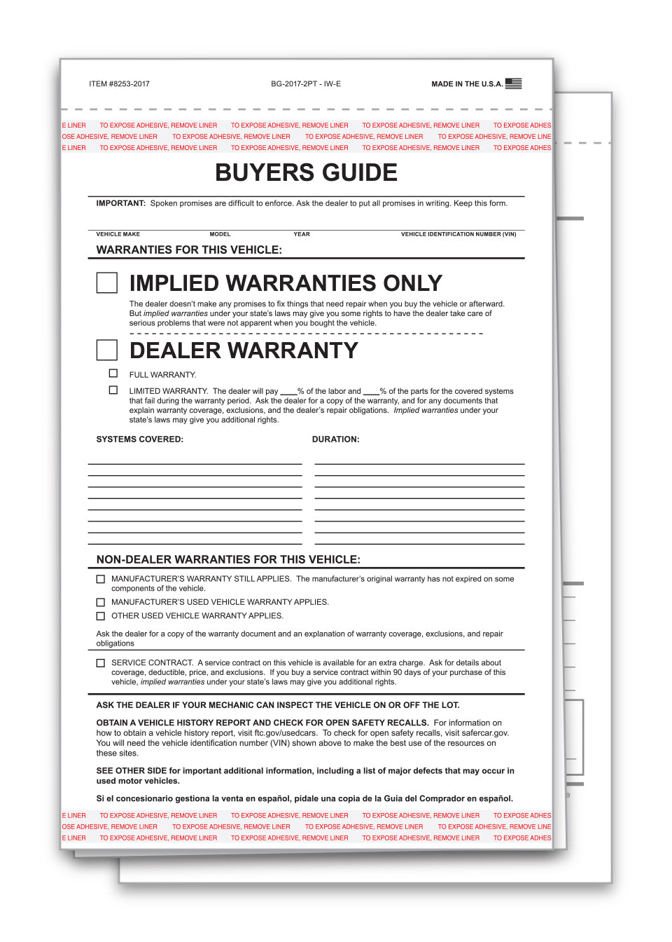 Buyers Guide - BG-2017-2PT - IW-E - Implied Warranty - Qty. 100
