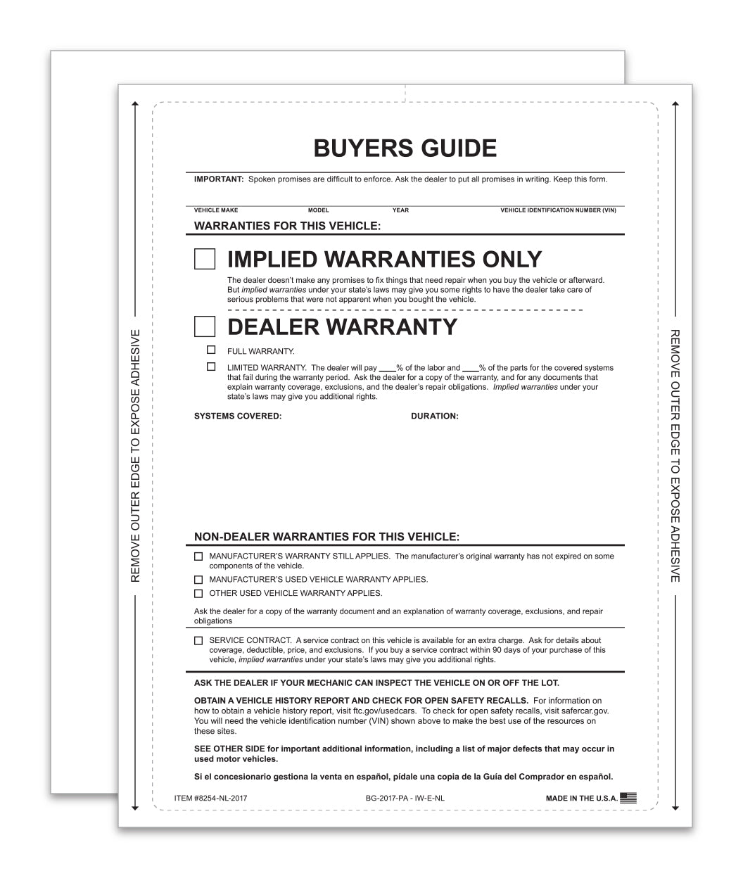Interior Buyers Guide - Implied Warranty - P/A - No Lines - Qty. 100
