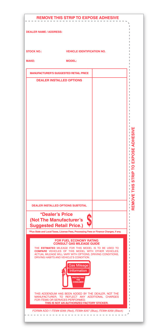 Addendum Sticker - ADD-1 - RED - Perm. Adhesive - Qty. 100
