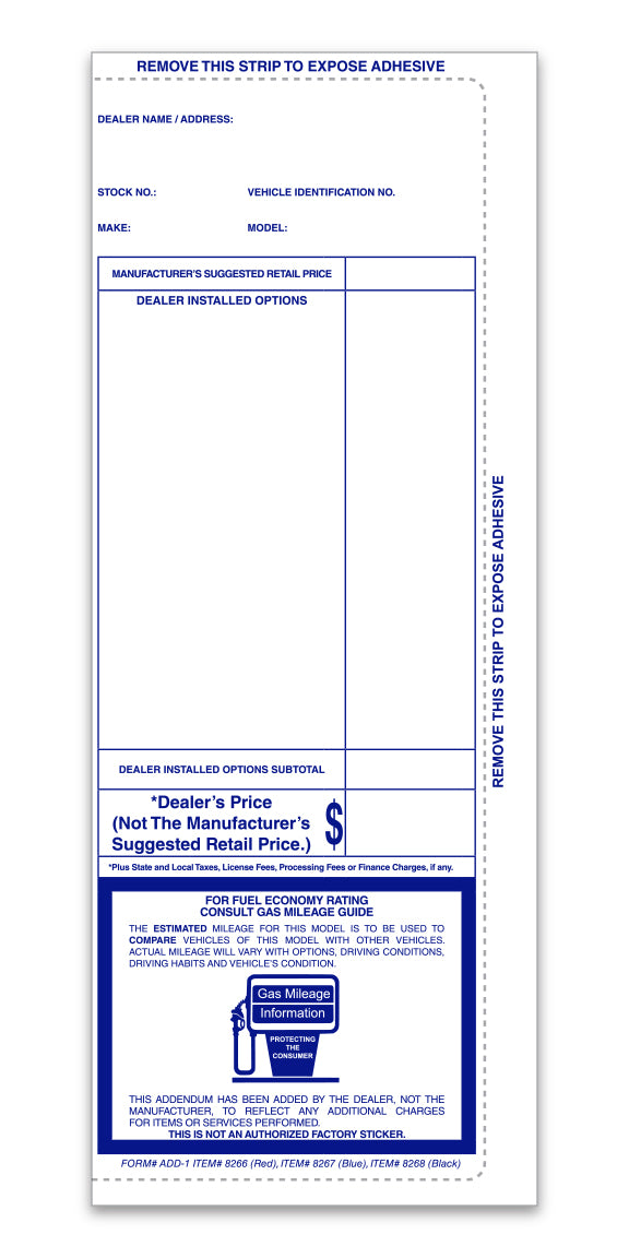 Addendum Sticker - ADD-1 - BLUE - Perm. Adhesive - Qty. 100