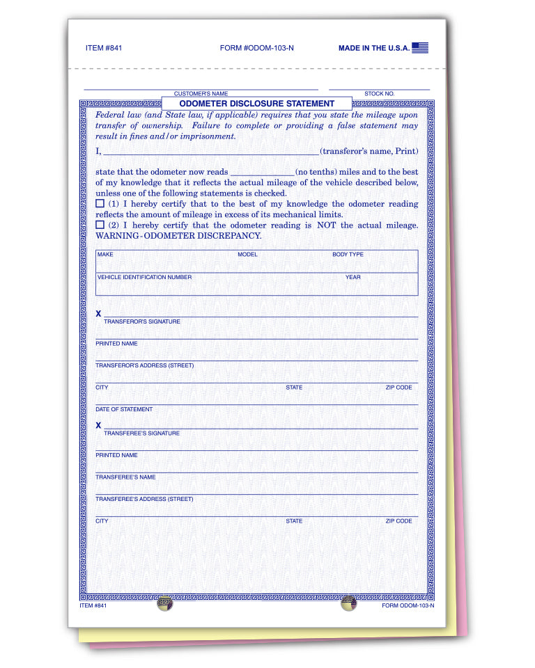 Odometer Disclosure Statement - ODOM-103-N - 3 Part - Qty. 100