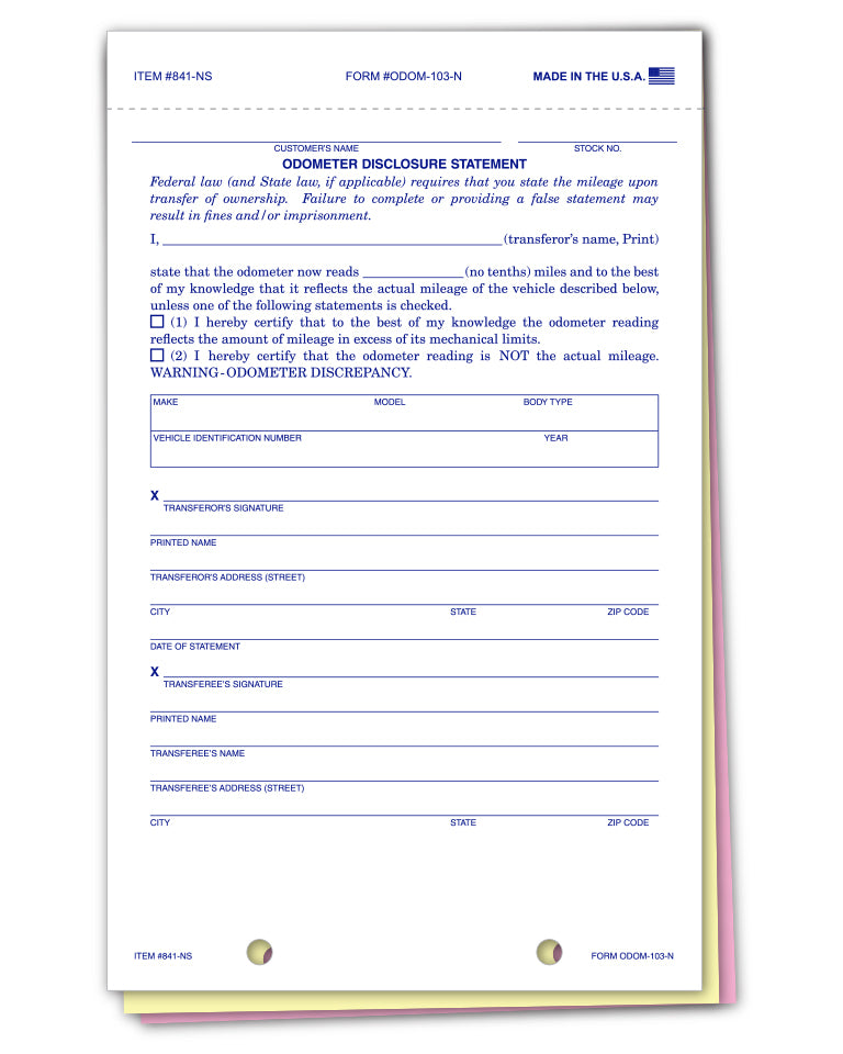Odometer Disclosure Statement - ODOM-103-N - 3 Part - No Screen - Qty. 100
