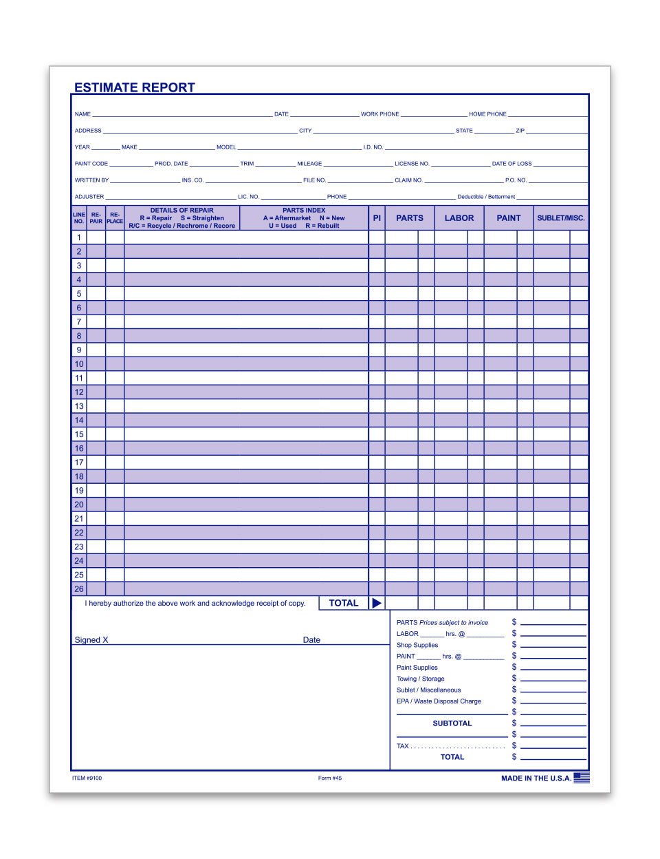 Repair Estimate - 50 Sheets Per Pad