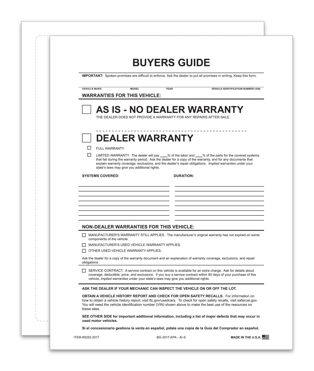 Ext. Buyers Guide - BG-2017-PA - AI-E - As Is - P/A - Qty. 100