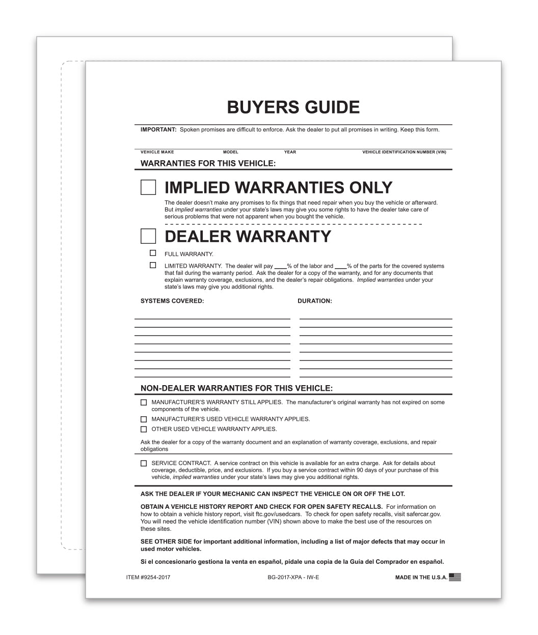 Exterior Buyers Guide - Implied Warranty - P/A - Qty. 100