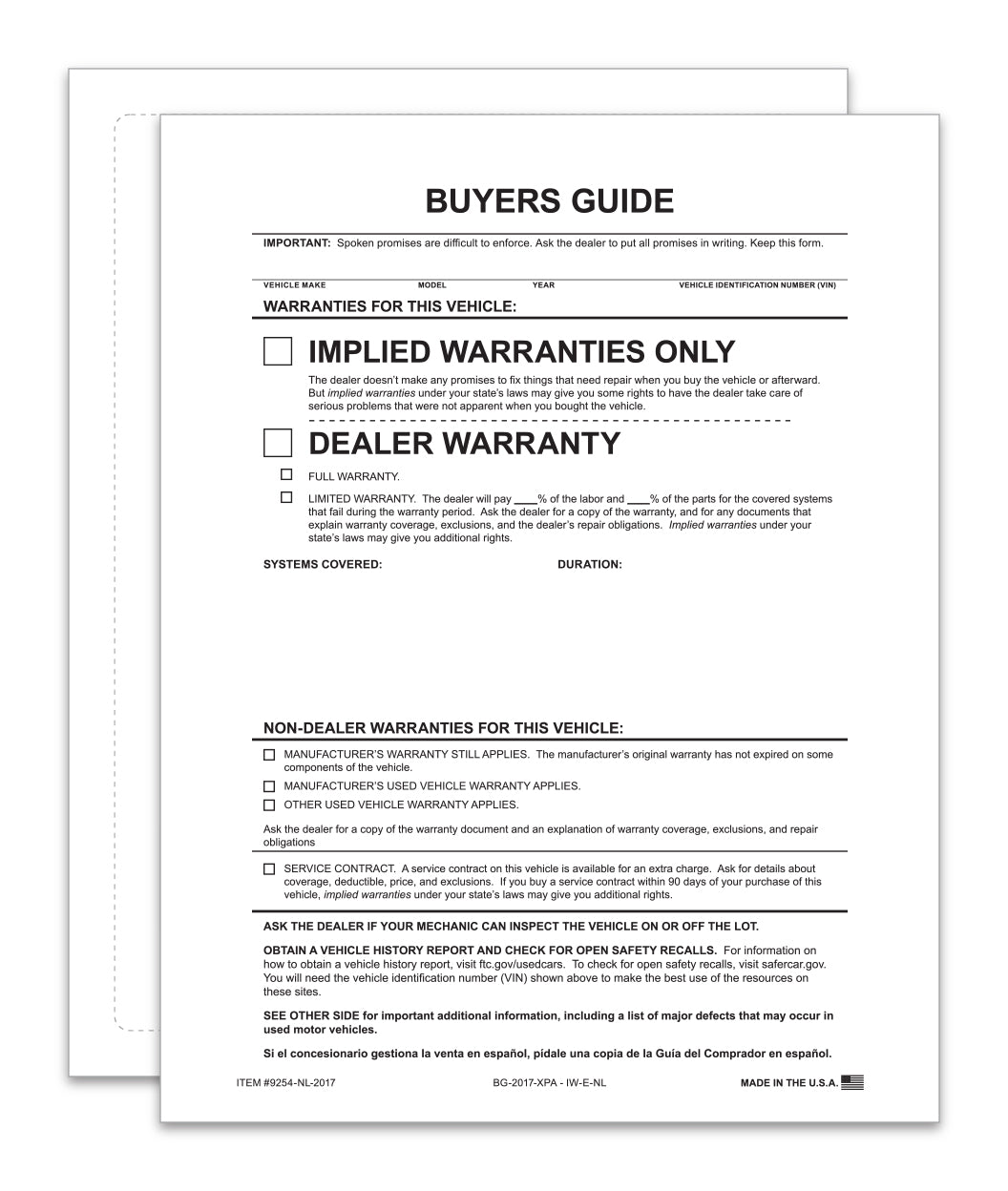 Exterior Buyers Guide - Implied Warranty - P/A - No Lines - Qty. 100