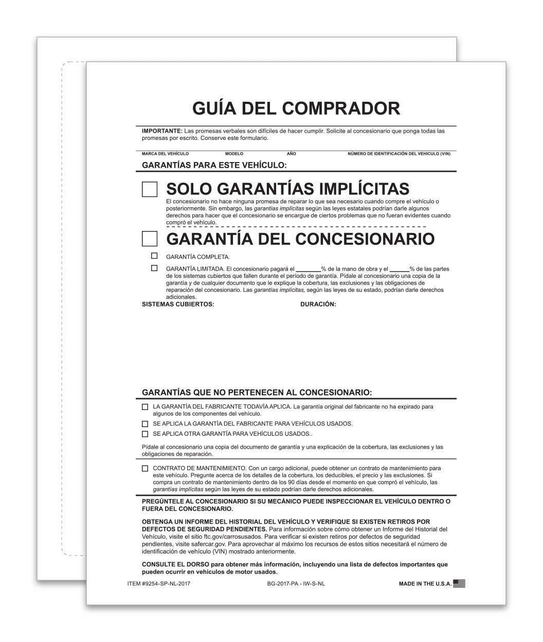 Exterior Buyers Guide-2017-Impld Warranty-P/A-Spanish-No Lines - Qty.100
