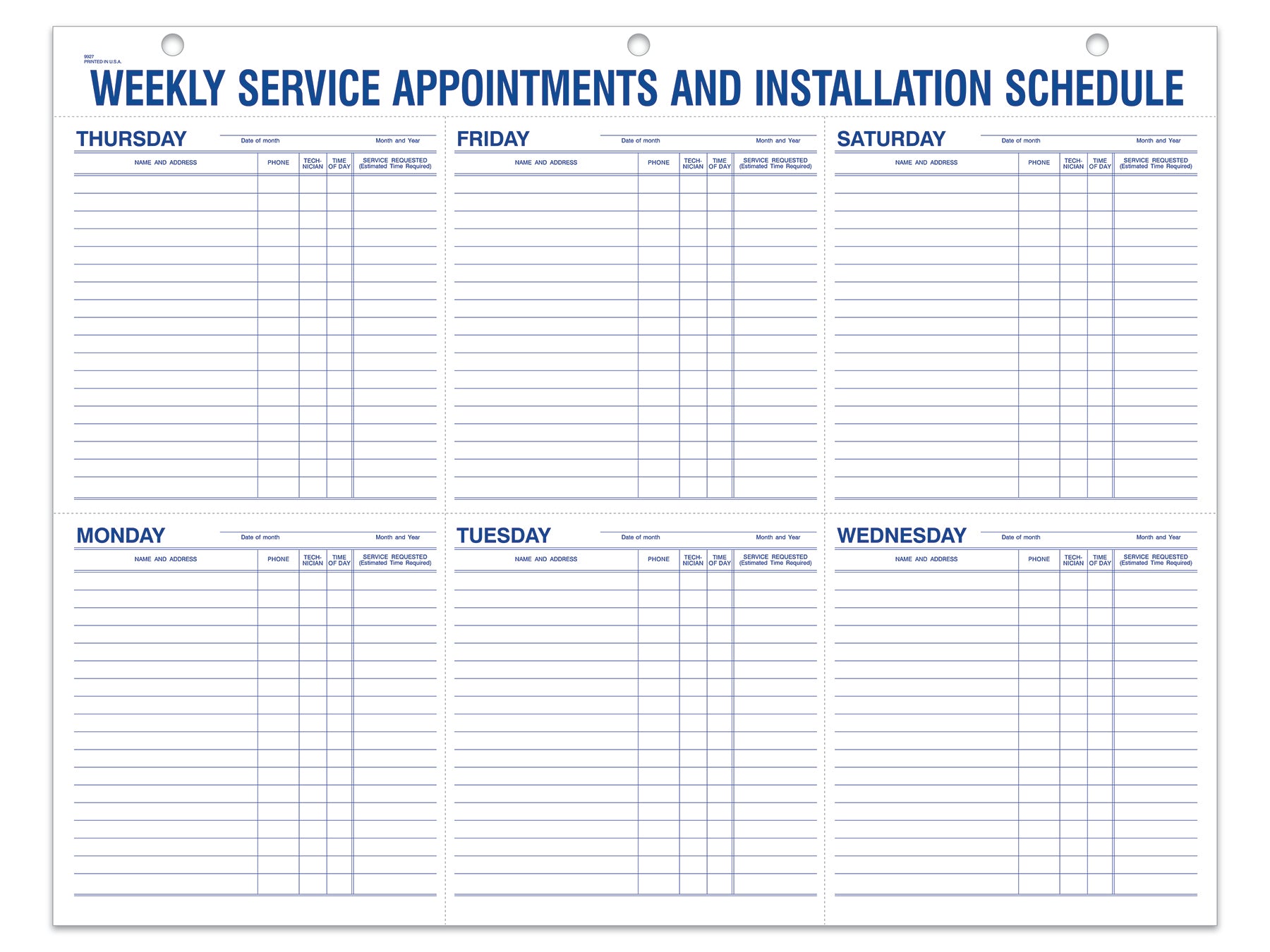 Weekly Service Appt & Inst Schedule - 9927 - 22" x 17" 52 Per Pad