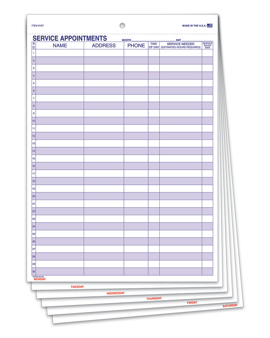 Sevice Appointment Form - 63-SA - 6 Part Snap Out, 50 Per Pack