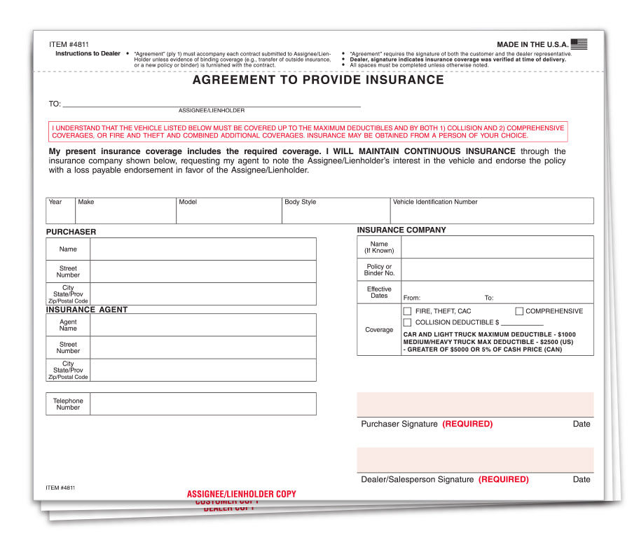 Agreement to Provide Insurance Policy - Qty. 100