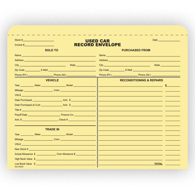 Used Car Record Envelope - Qty. 100