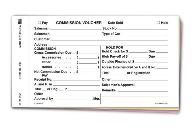 Commission Voucher Gross/Net- 3 Part NCR Qty. 100