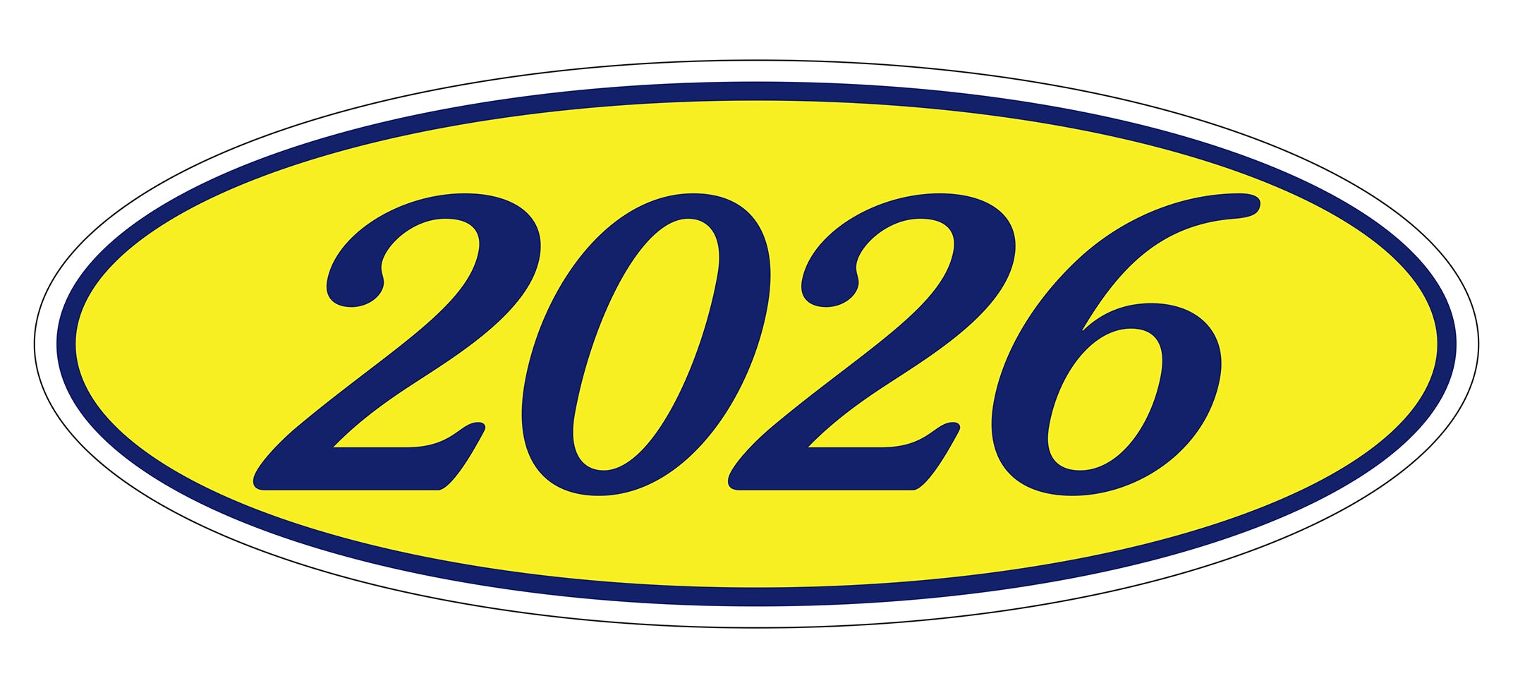 Oval Year Window Sticker - 2026 BLUE on YELLOW - Qty. 12