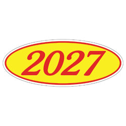 Oval Year Window Sticker - 2027 RED on YELLOW - Qty. 12 | Oval Years