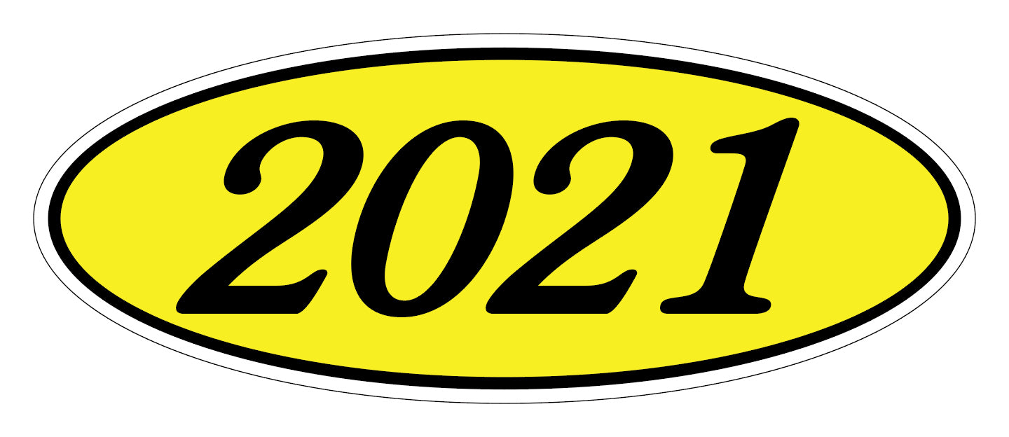 Oval Year Window Sticker - 2021 BLACK on YELLOW - Qty. 12