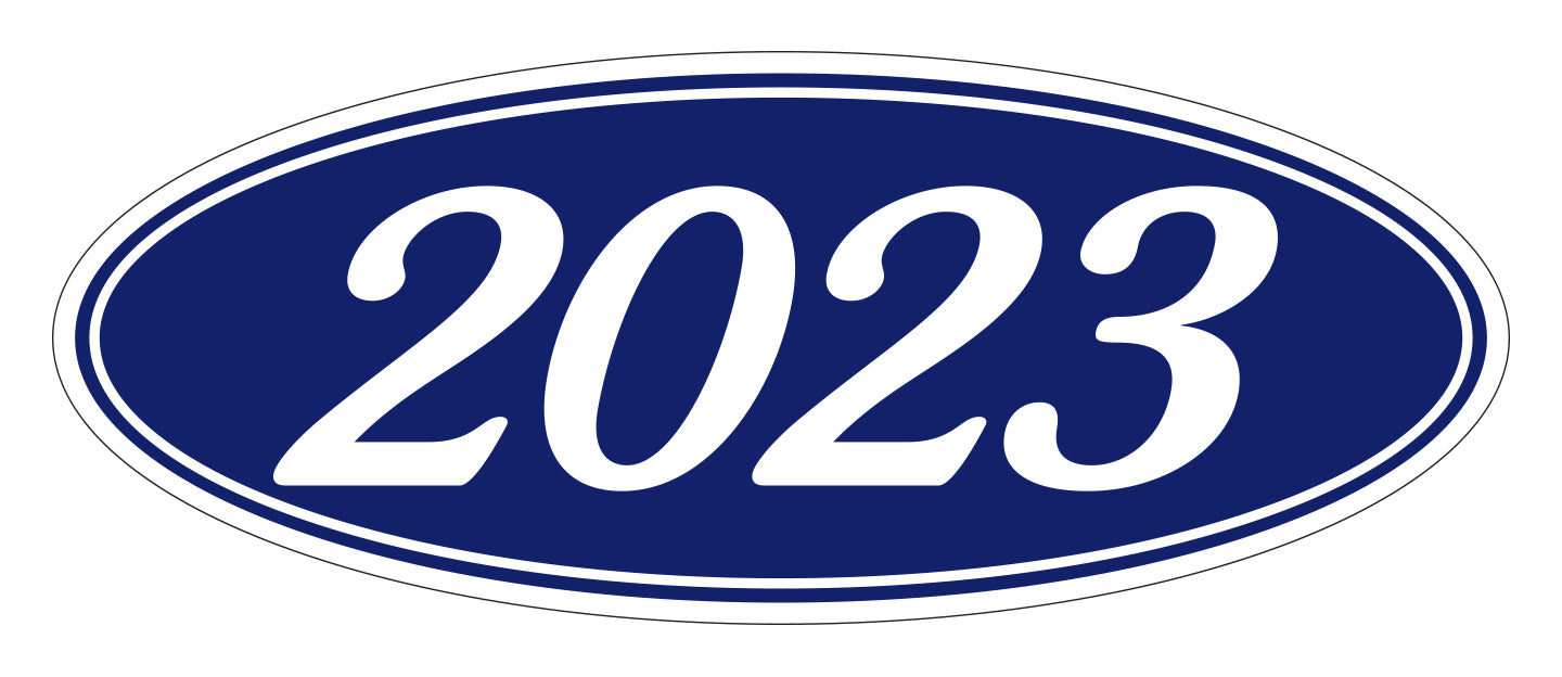 Oval Year Window Sticker - 2023 WHITE on BLUE - Qty. 12