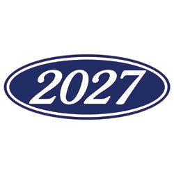 Oval Year Window Sticker - 2027 WHITE on BLUE - Qty. 12 | Oval Years