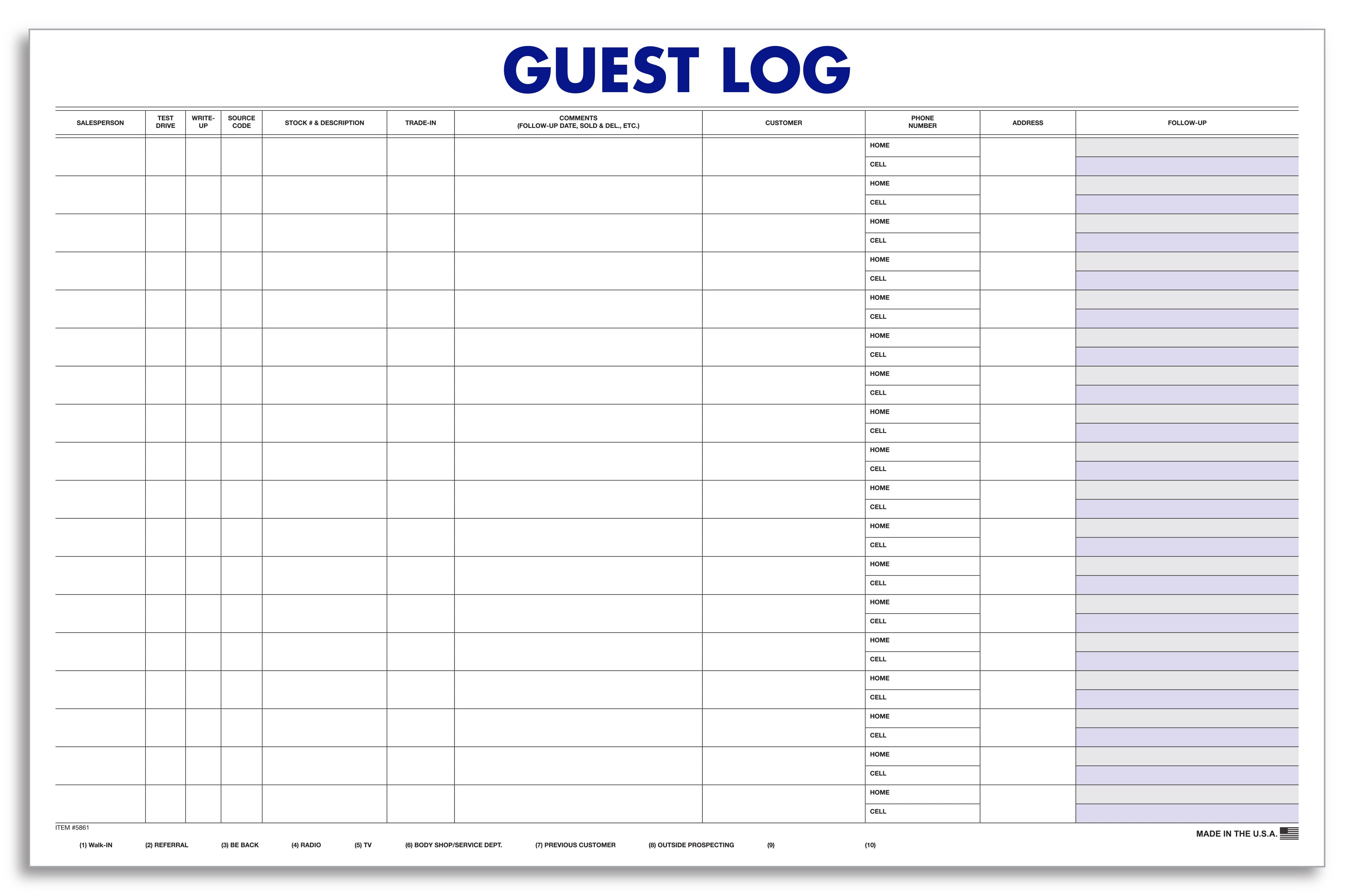 Guest Log- 100 Sheets - 11" x 17" -  Qty. 1