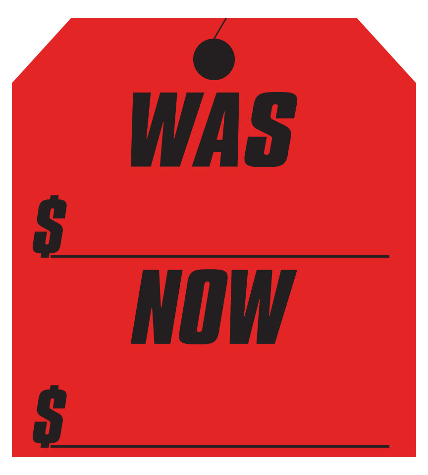 Window Sticker - Hang Tag - Red - Was/Now - 9 1/4" x 8 1/2" - Qty. 12