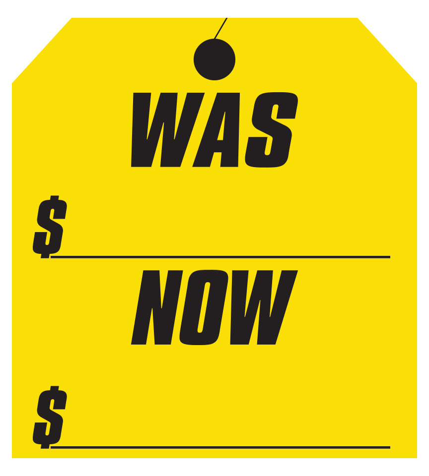 Window Sticker - Hang Tag - Yellow - Was/Now - 9 1/4" x 8 1/2" - Qty. 12