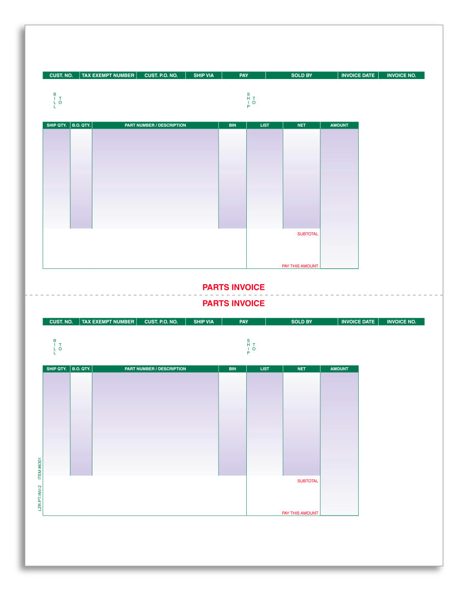 Laser Part Invoice - LZR-PT-INV-2 - Perfed at 5 1/2" - Qty. 250