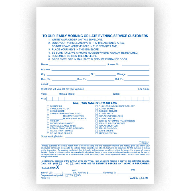 AFter Hours Envelope, Service Estimate & Parts Return  - Qty. 100