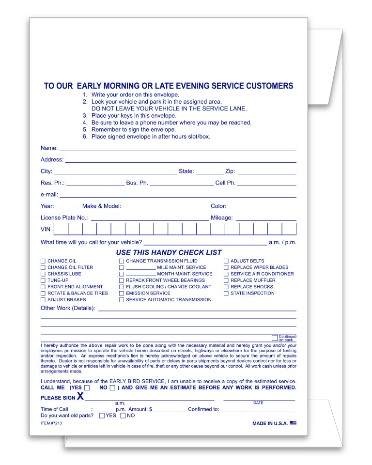 After Hours Envelope, Verbal Service Estimate & Parts Return  - Qty. 500