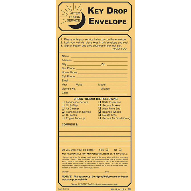 Key Drop Envelope, Key Drop Kraft With Checklist - Qty. 100