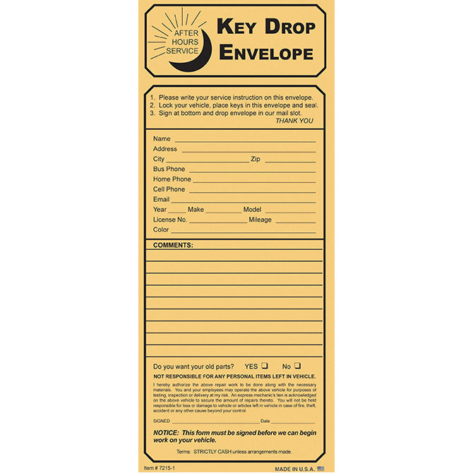Key Drop Envelope, Key Drop Kraft - NO Checklist - Qty. 100