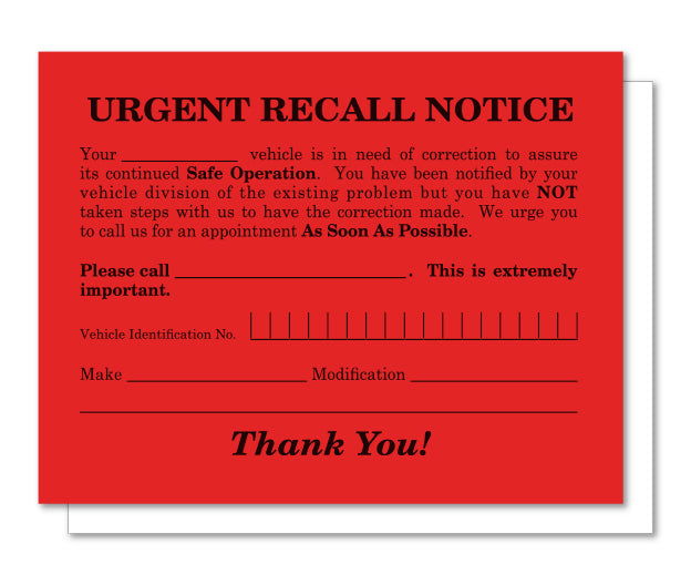 Urgent Recall Notice - RT-6 - 5.5" x 4.25" - Qty. 250