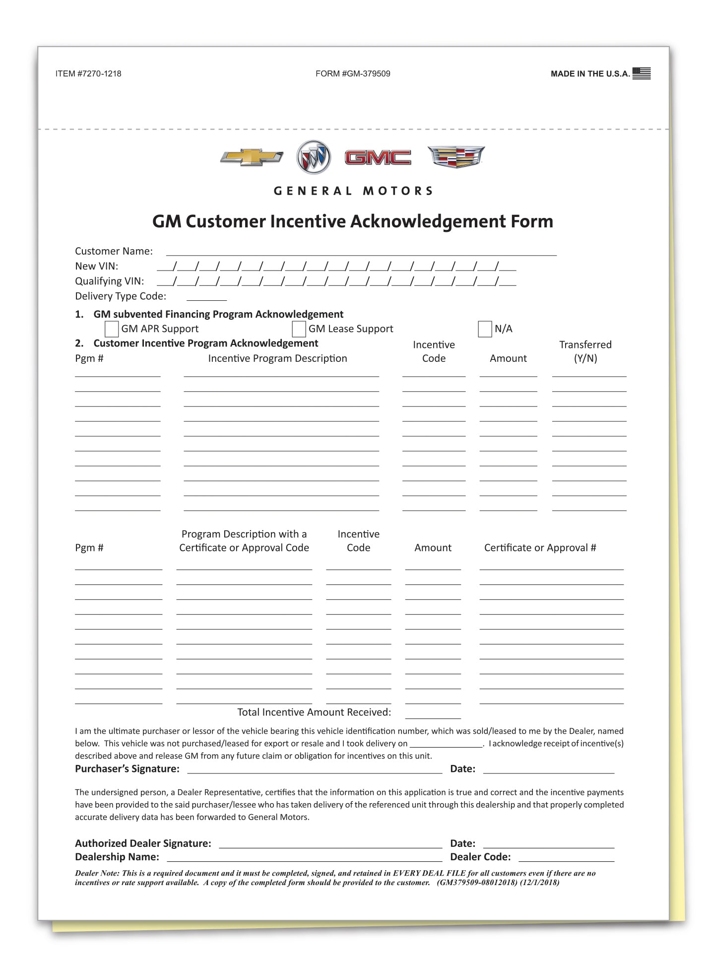 GM Cust. Incentive/OnStar Acknowledge Form - 2 Part - Qty. 100