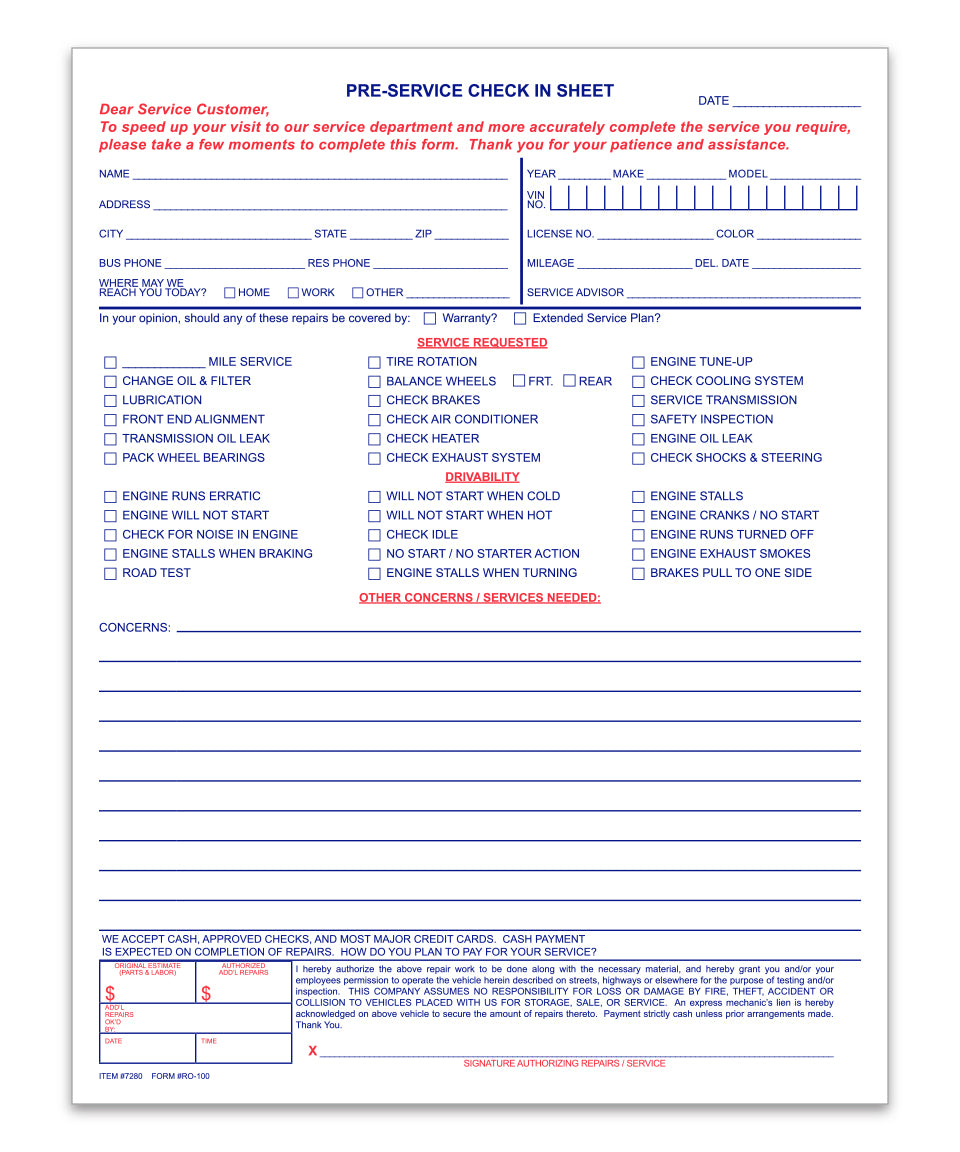 Pre-Service Check In - RO-100, Generic - Qty. 100