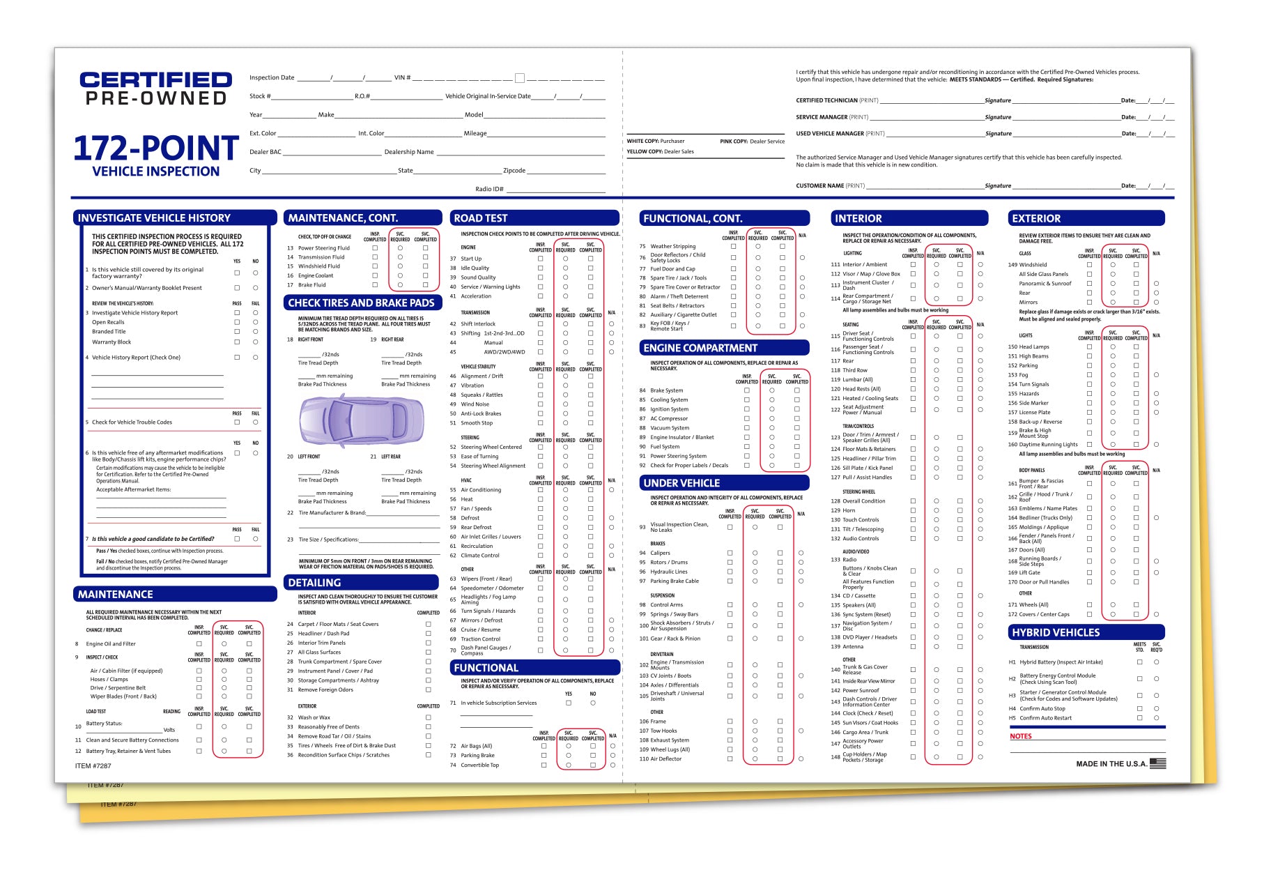 Cert. Pre-owned 172 Pt.Multi-Point Vehicle Insp. Report - 3 Part - Qty. 100