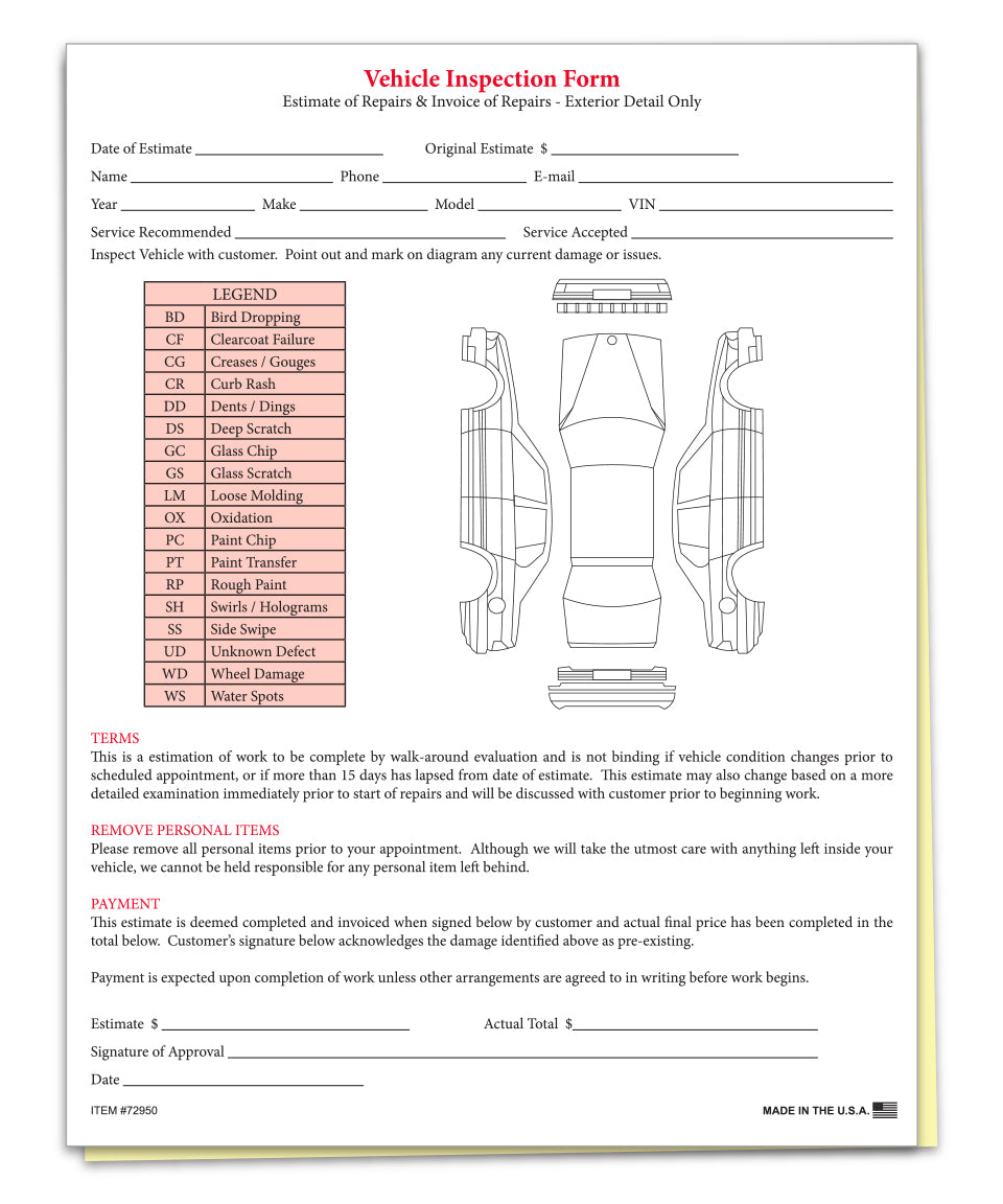 Vehicle Inspection & Estimate Form - 2 Part - Qty. 100