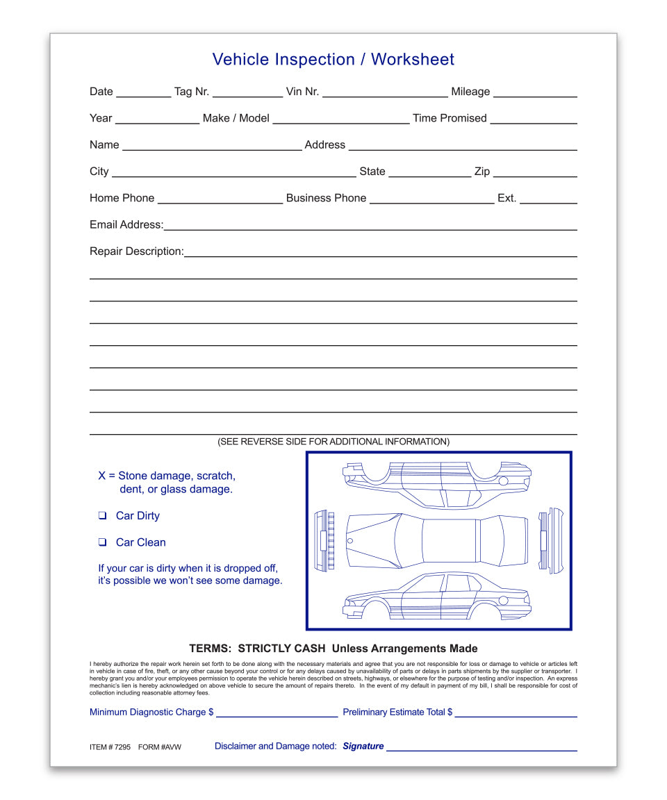 Vehicle Inspection Worksheet - AVW - 8 1/2" x 11" Padded - Qty. 100