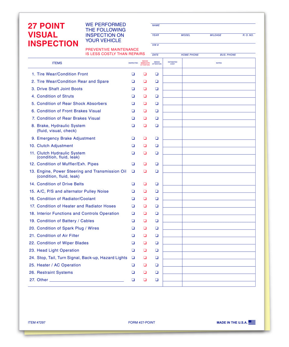 27 Point Vehicle Inspection - 2 Part - Qty. 100