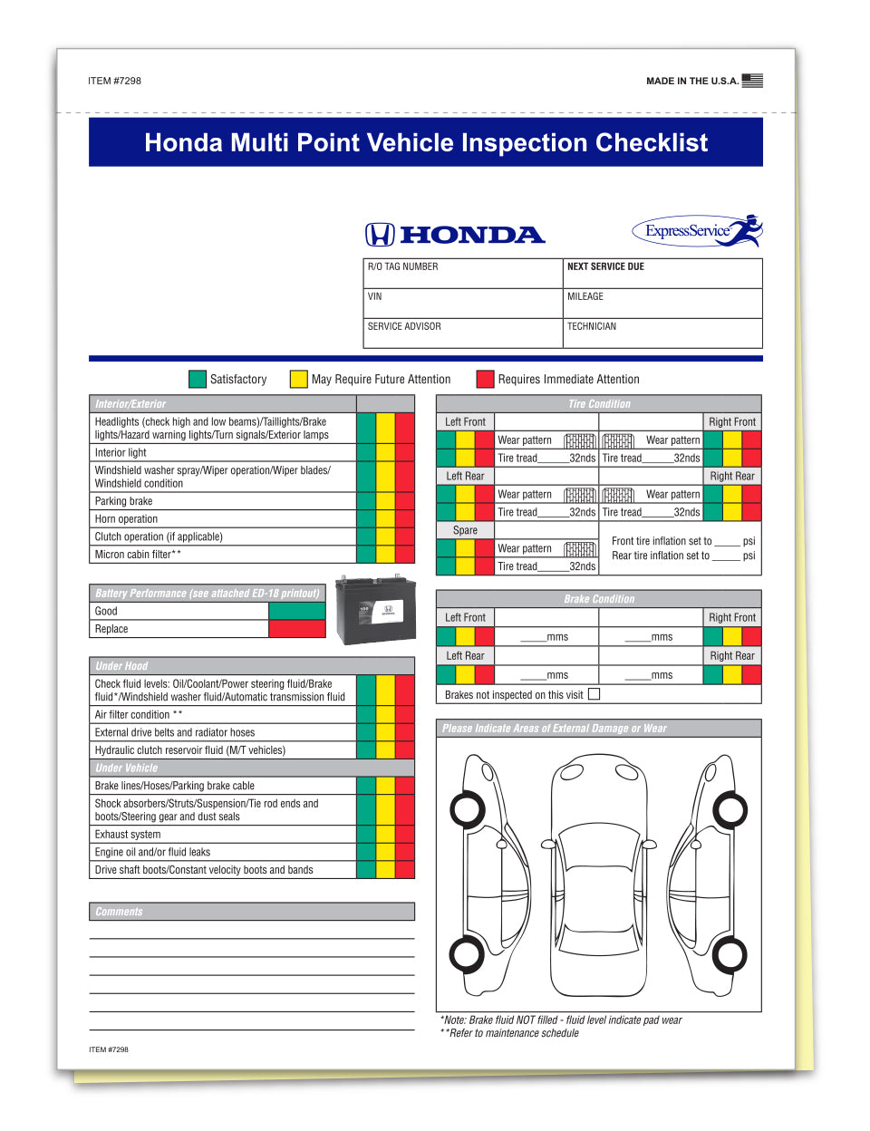 Honda Multi-Point Vehicle Checkup - 2 Part - Qty. 250