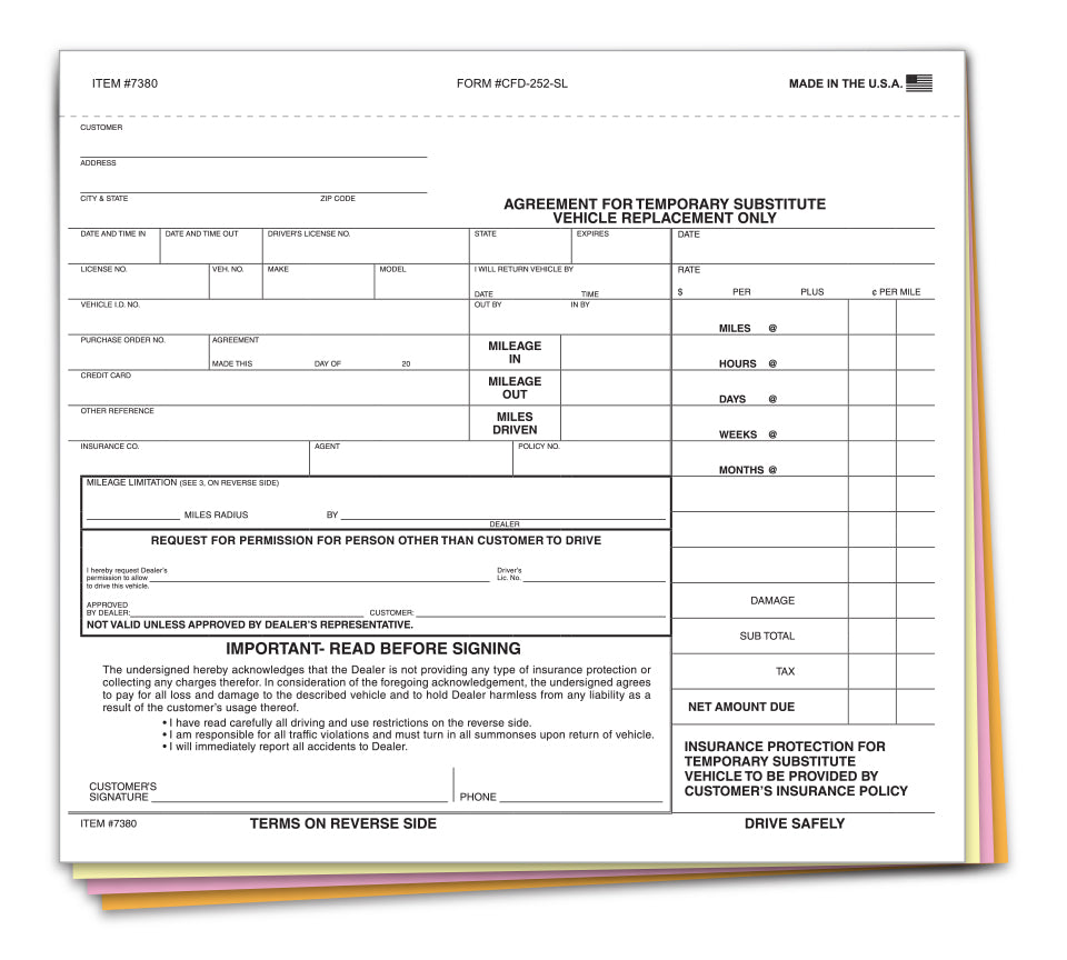 Substitute Vehicle Agreement - CFD-252-SL - 4 Part - Qty. 100