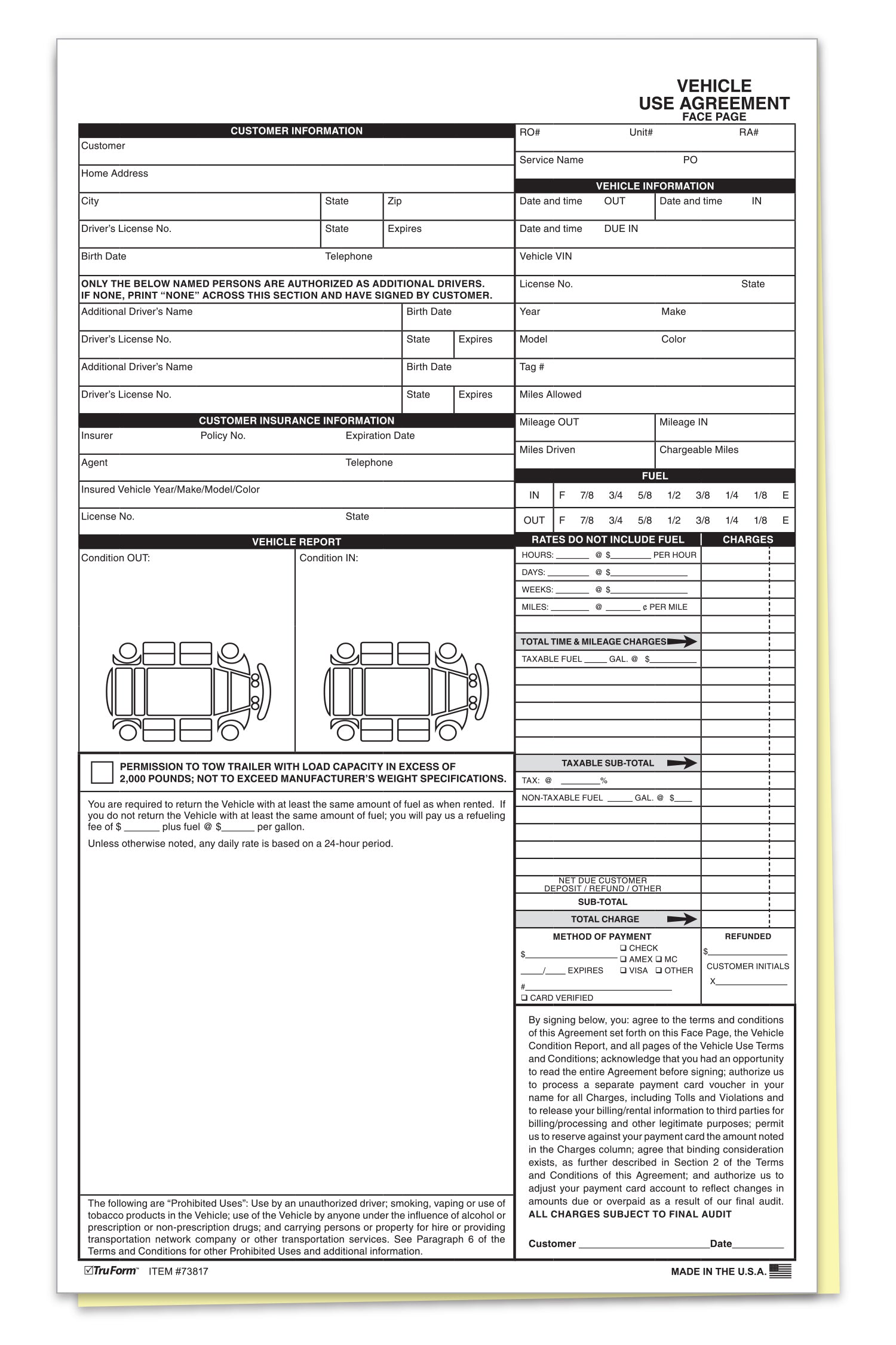 Vehicle Use Agreement - 2 Part - Qty. 100