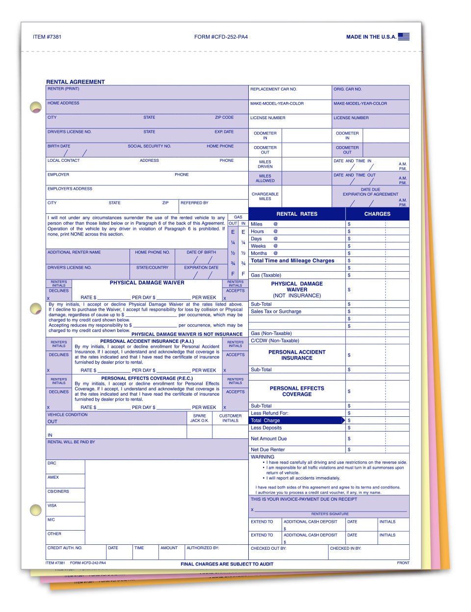 Rental Agreement - CFD-252-PA4 - 4 Part - Qty. 100