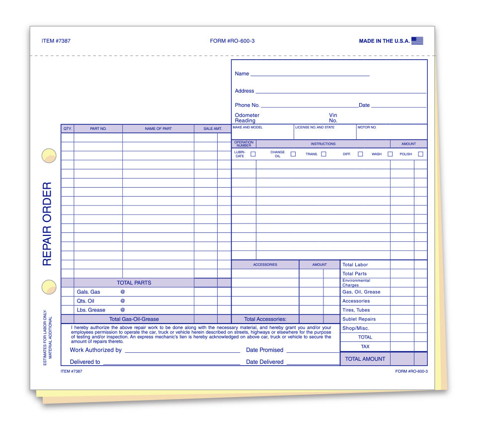 Repair Order - RO-600-3 - 3 Part - Qty. 100