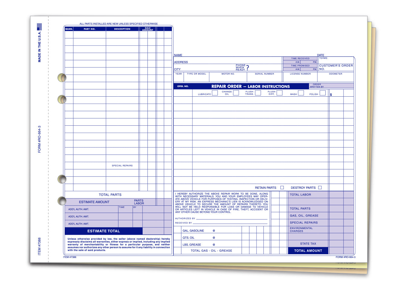 Repair Order - RO-664-3 - 3 Part  - Qty. 100