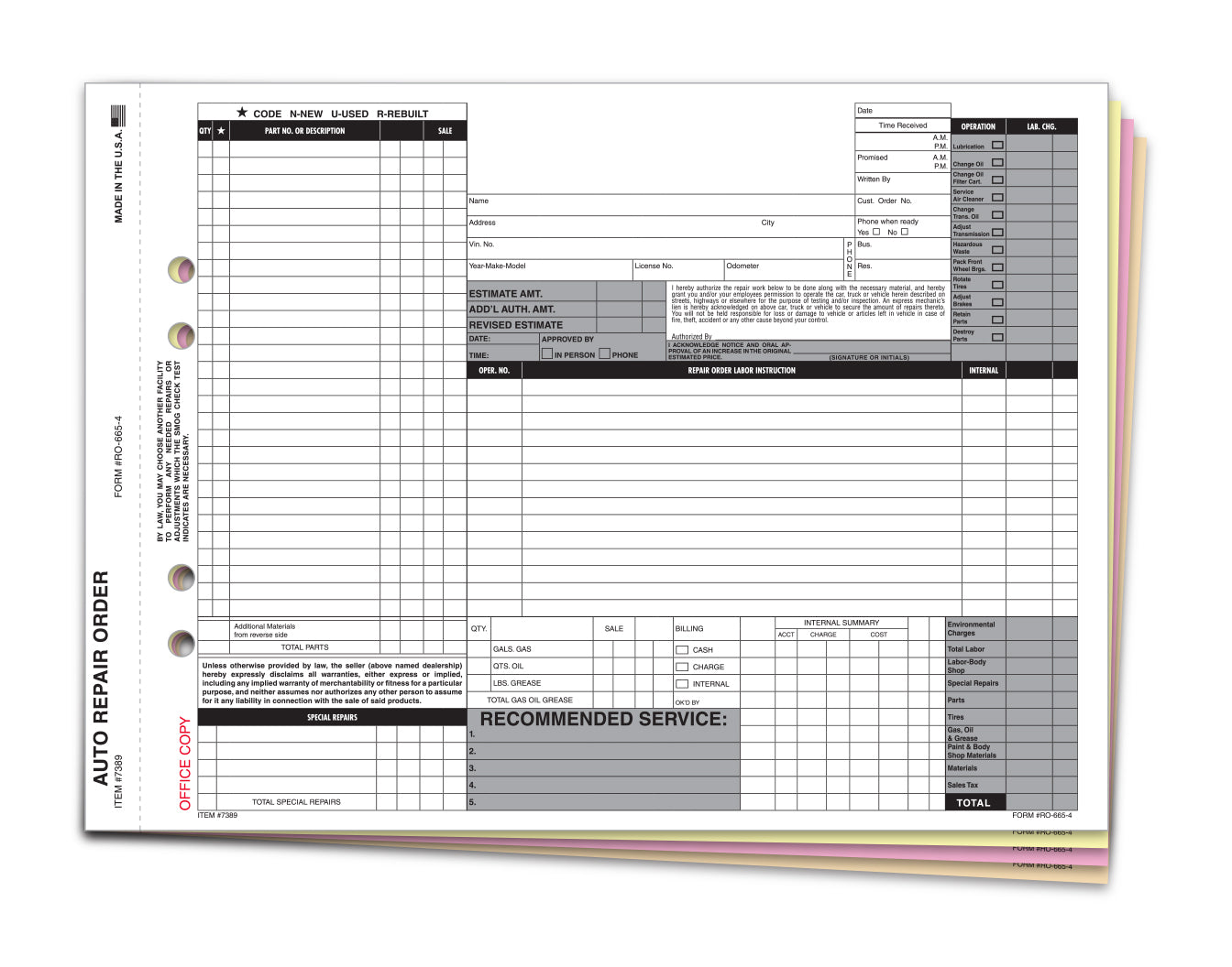 Repair Order - RO-665-4 - 4 Part  - Qty. 100